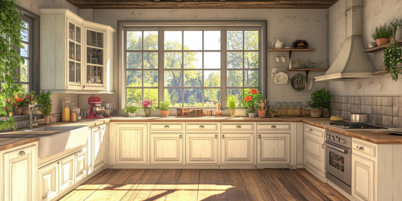Warm and inviting kitchen with large windows overlooking a vibrant garden in daylight